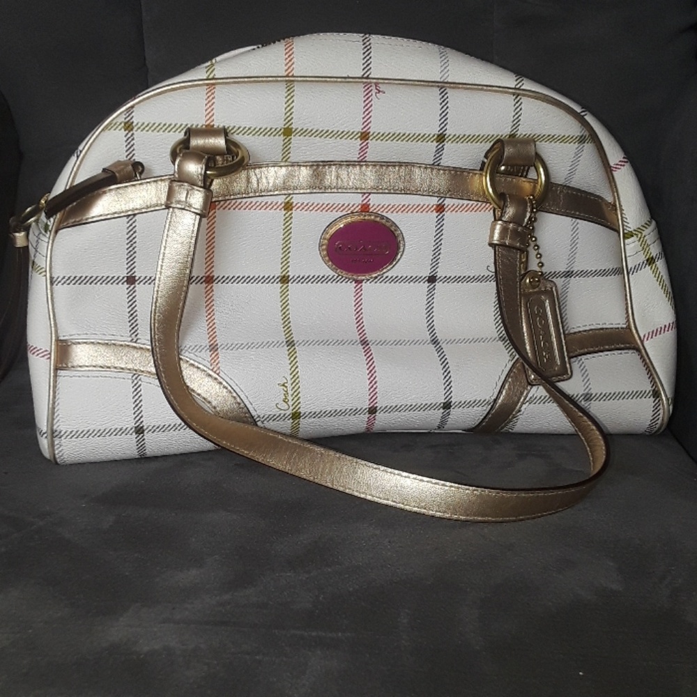 SOLD LIKE NEW LEATHER COACH MULTI COLOR HANDBAG